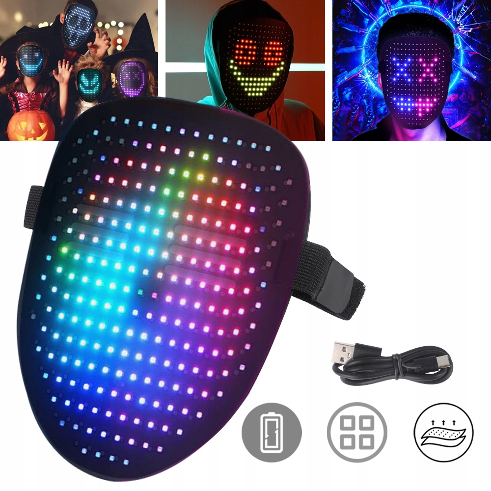 LED HALLOWEENOVÁ MASKA, ŽIARIVÁ MASKA S 50 PREDNASTAVENÝMI VZORMI